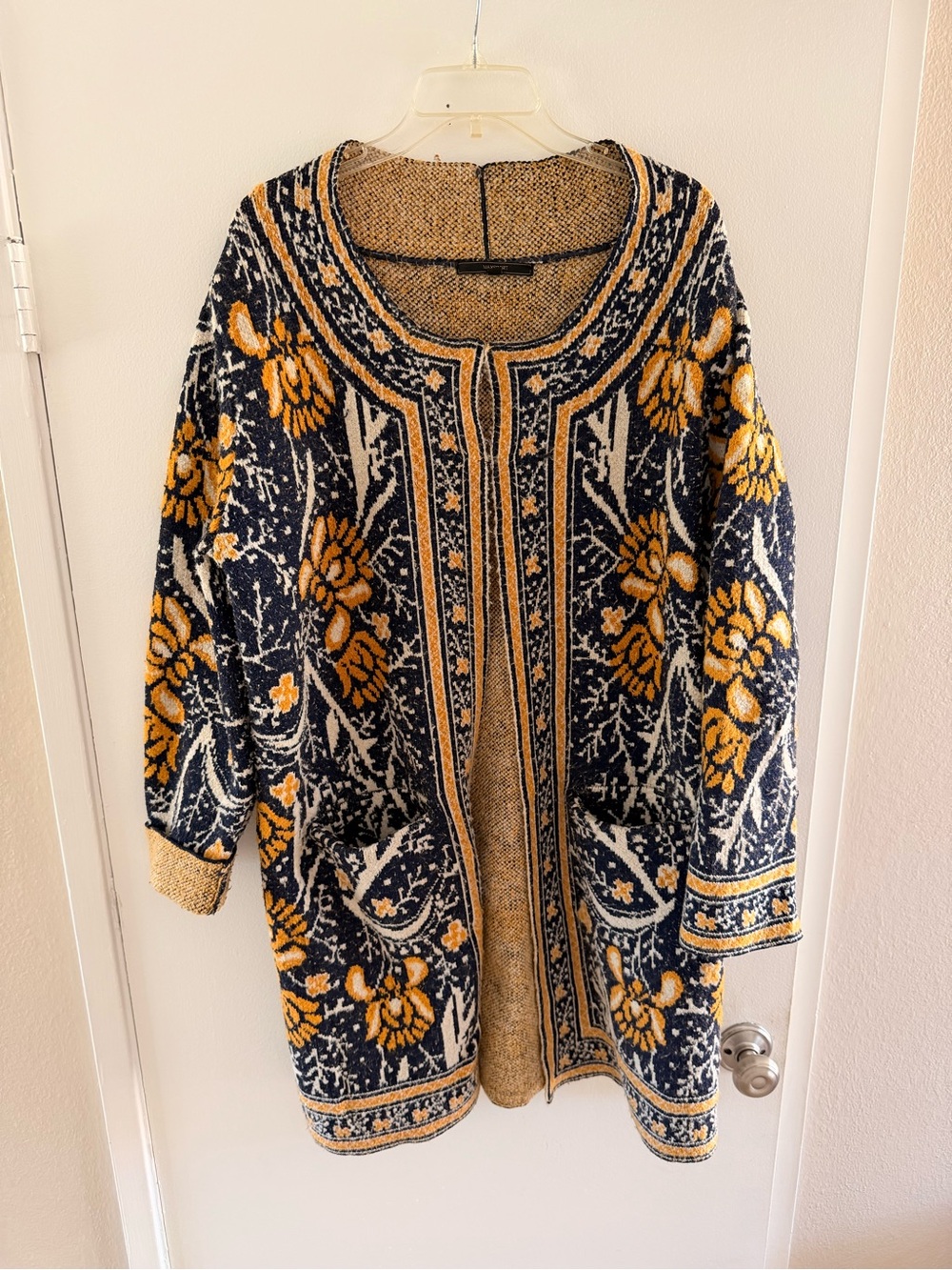 Floral Open-Front Knit Cardigan Sweater in Navy and Mustard